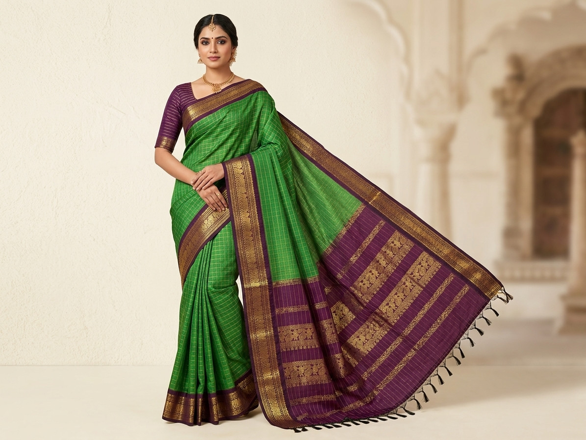 Green Saree with Plum colored border 