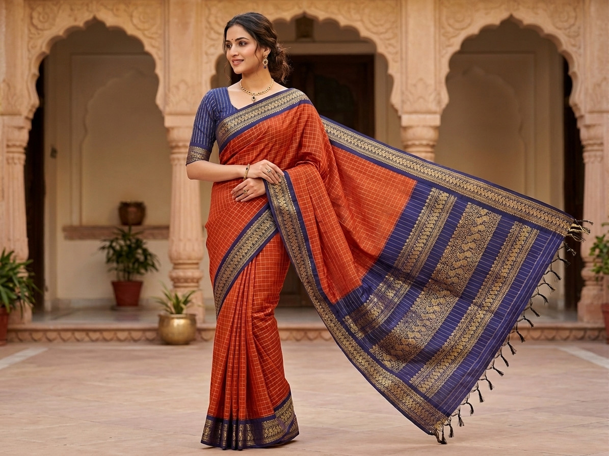 Brick Red Saree with Navy Blue Border