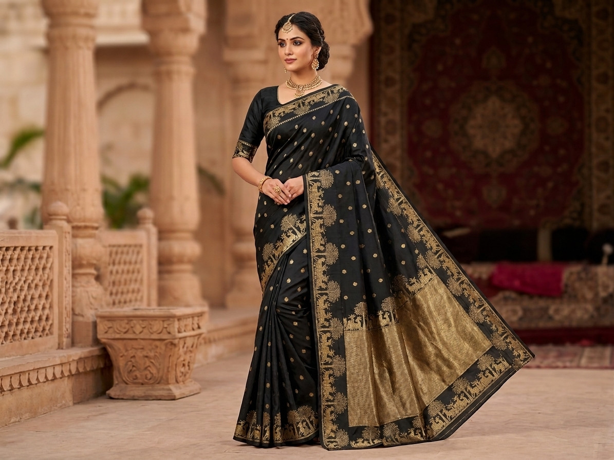 Black Semi silk Saree with Golder Buttas