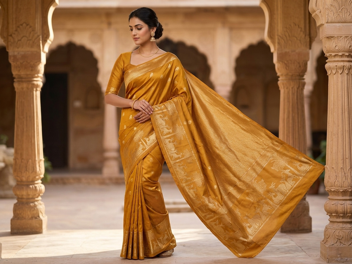 Mango Yellow Semi silk Saree with Golden buttas