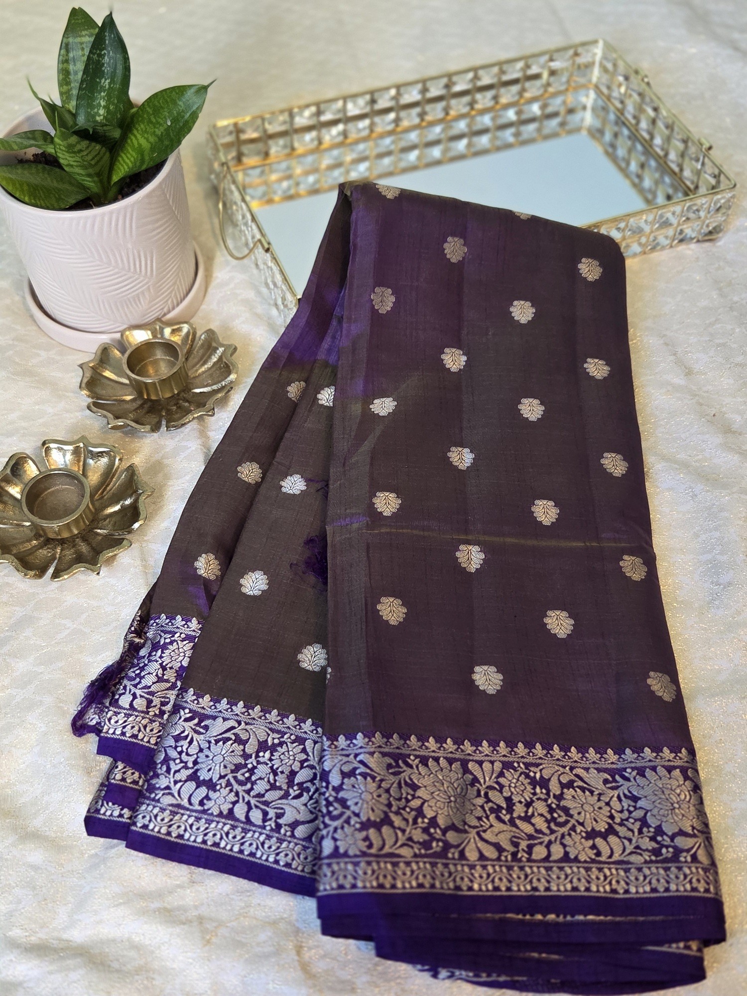 Semi Tussar - Dual Shade Violet Blue with floral border & buttas