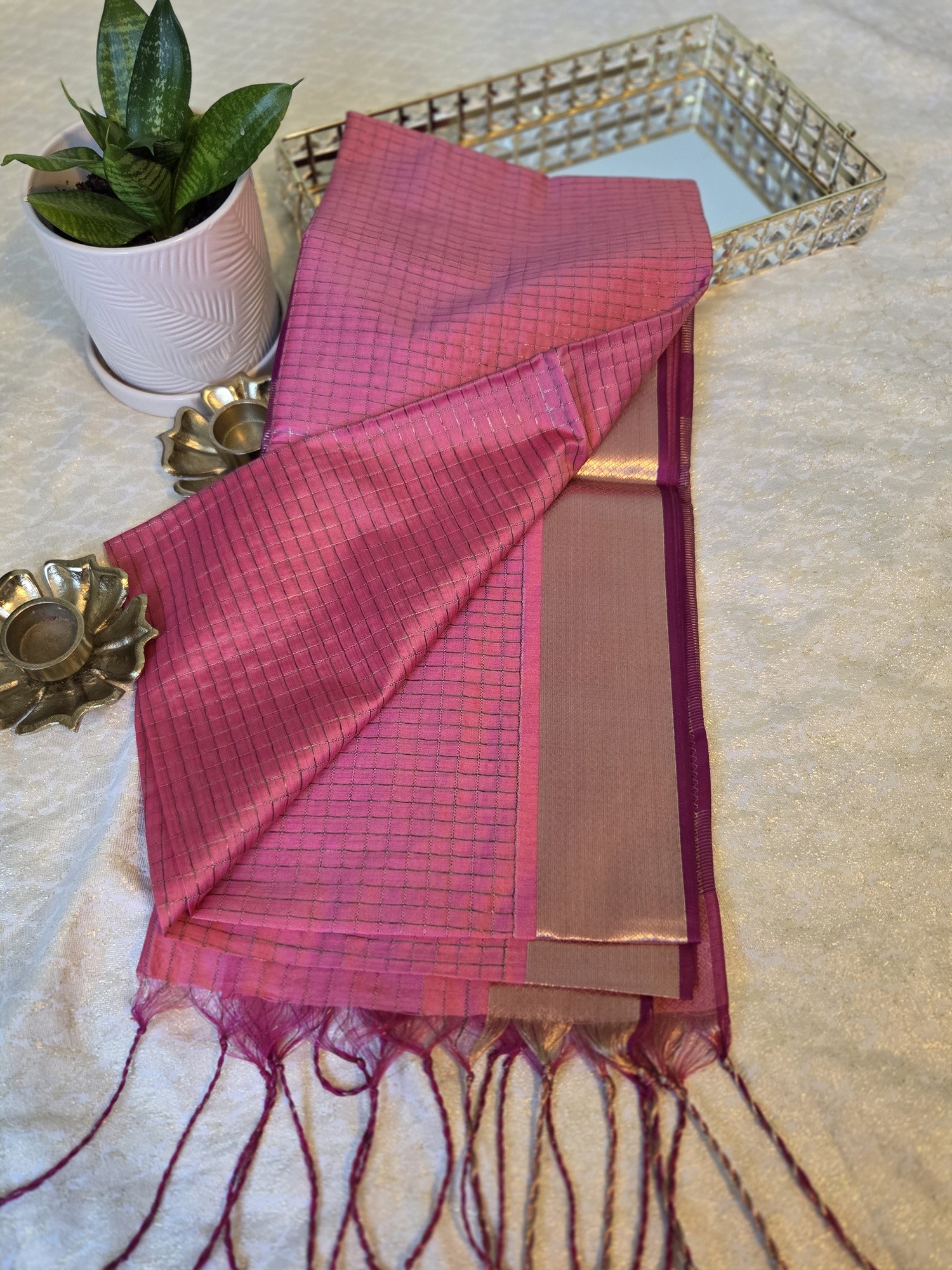 Semi Tussar - Pastel Pink-Checks in body with tissue border 